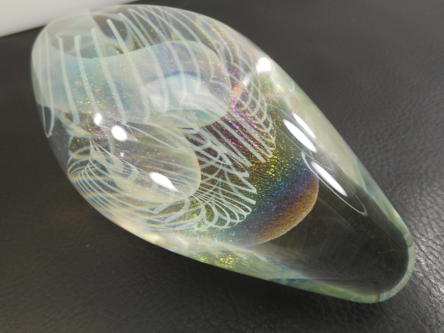 Robert Eickholt Signed 1995 Iridescent Art Glass Egg Pointed Paperweight Multi-Color