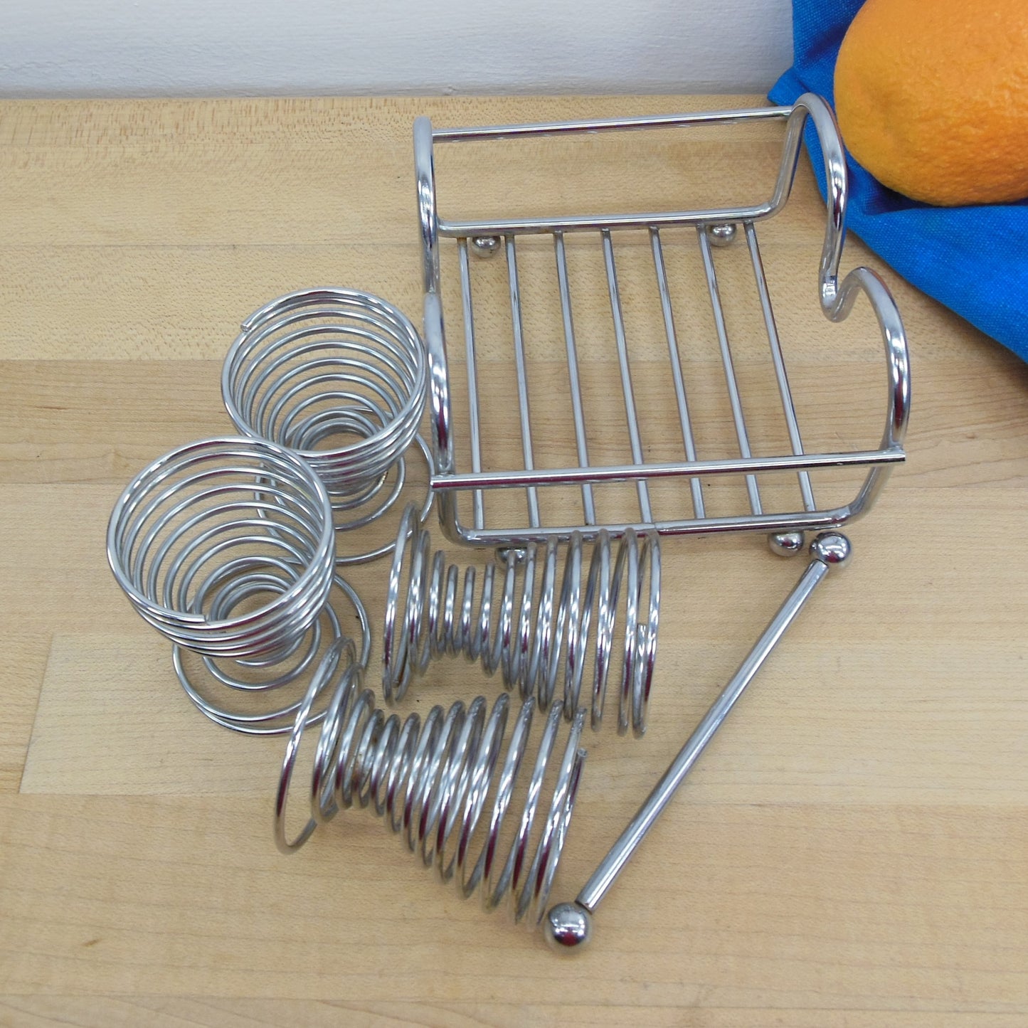 Soft Boil Egg Coil Spring Chrome Stainless Cups - 4 Set With Caddy Vintage Used