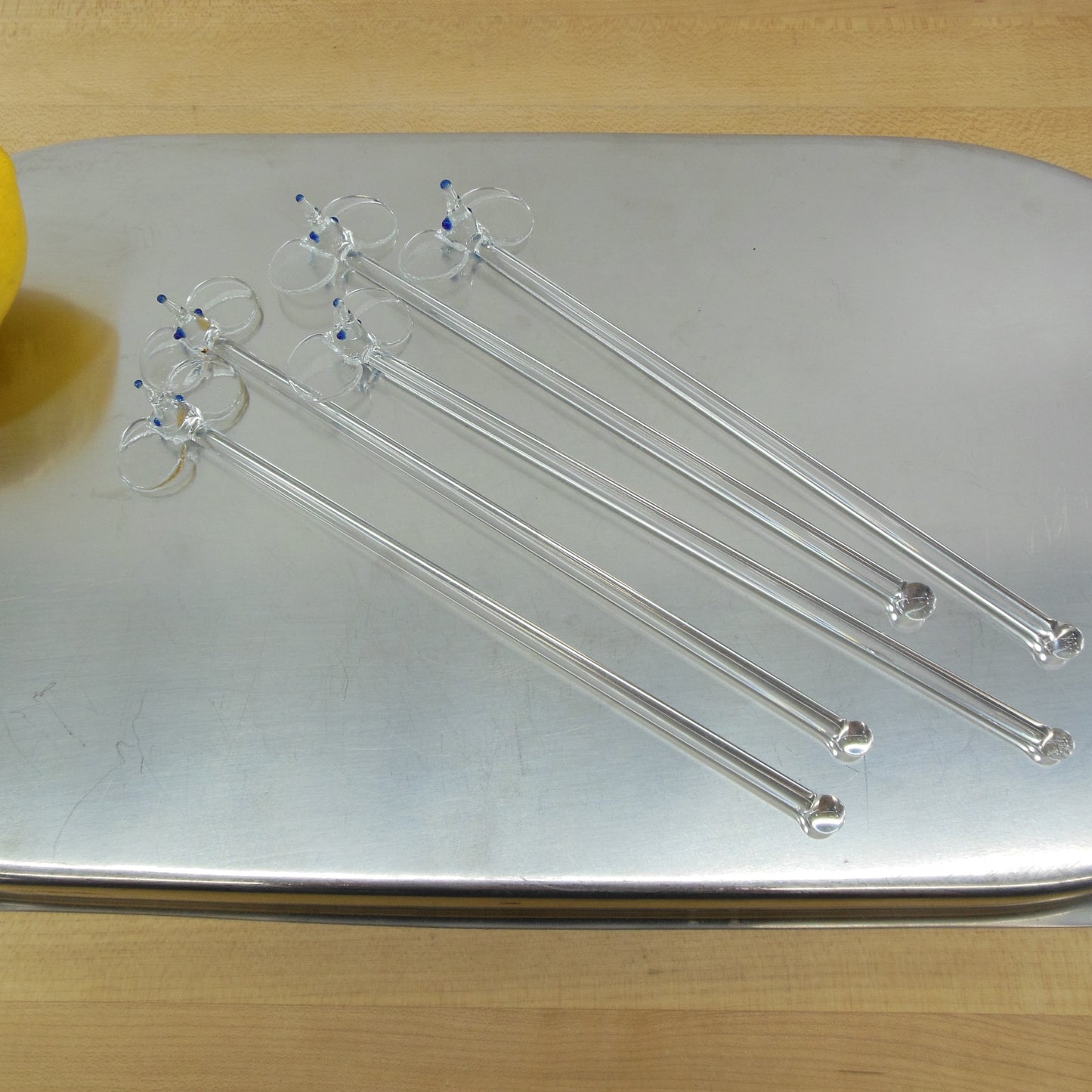 Elephant Head Blown Glass Swizzle Cocktail Stirrer Sticks Blue Clear
