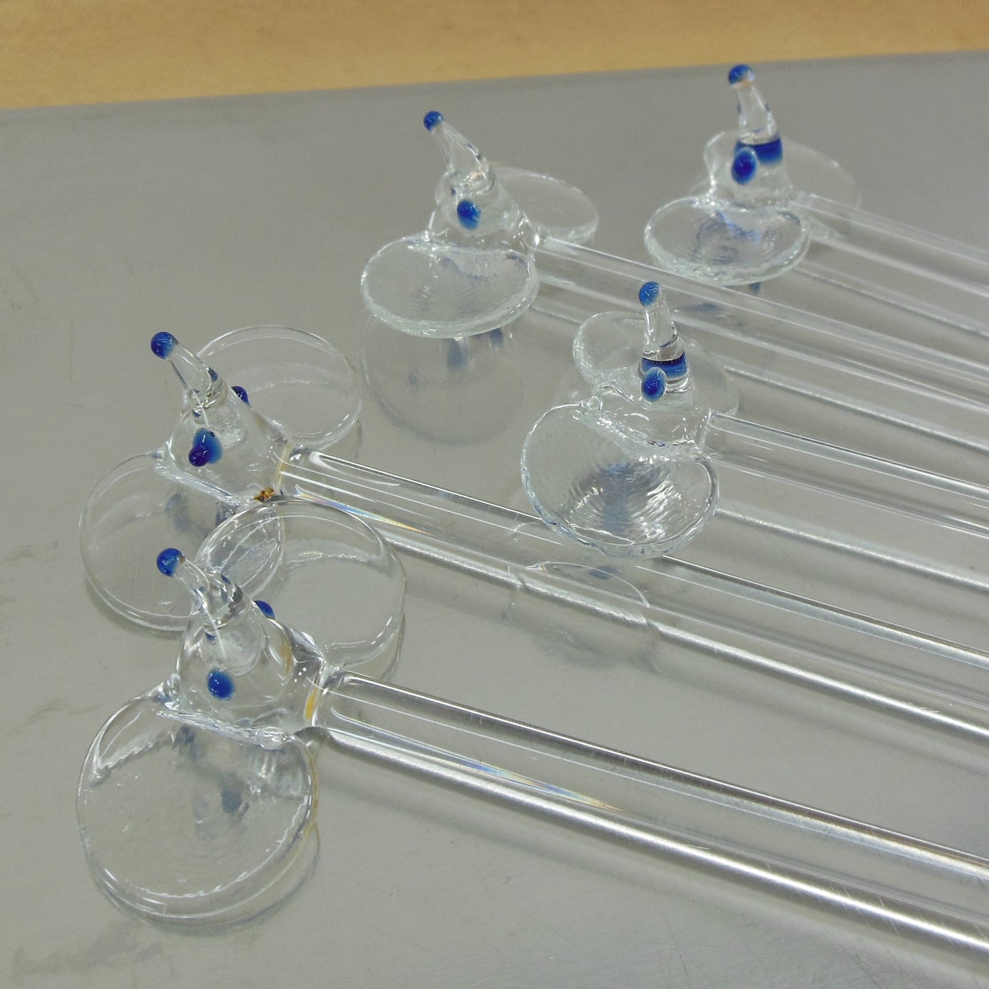 Elephant Head Blown Glass Swizzle Cocktail Stirrer Sticks Blue Clear Used