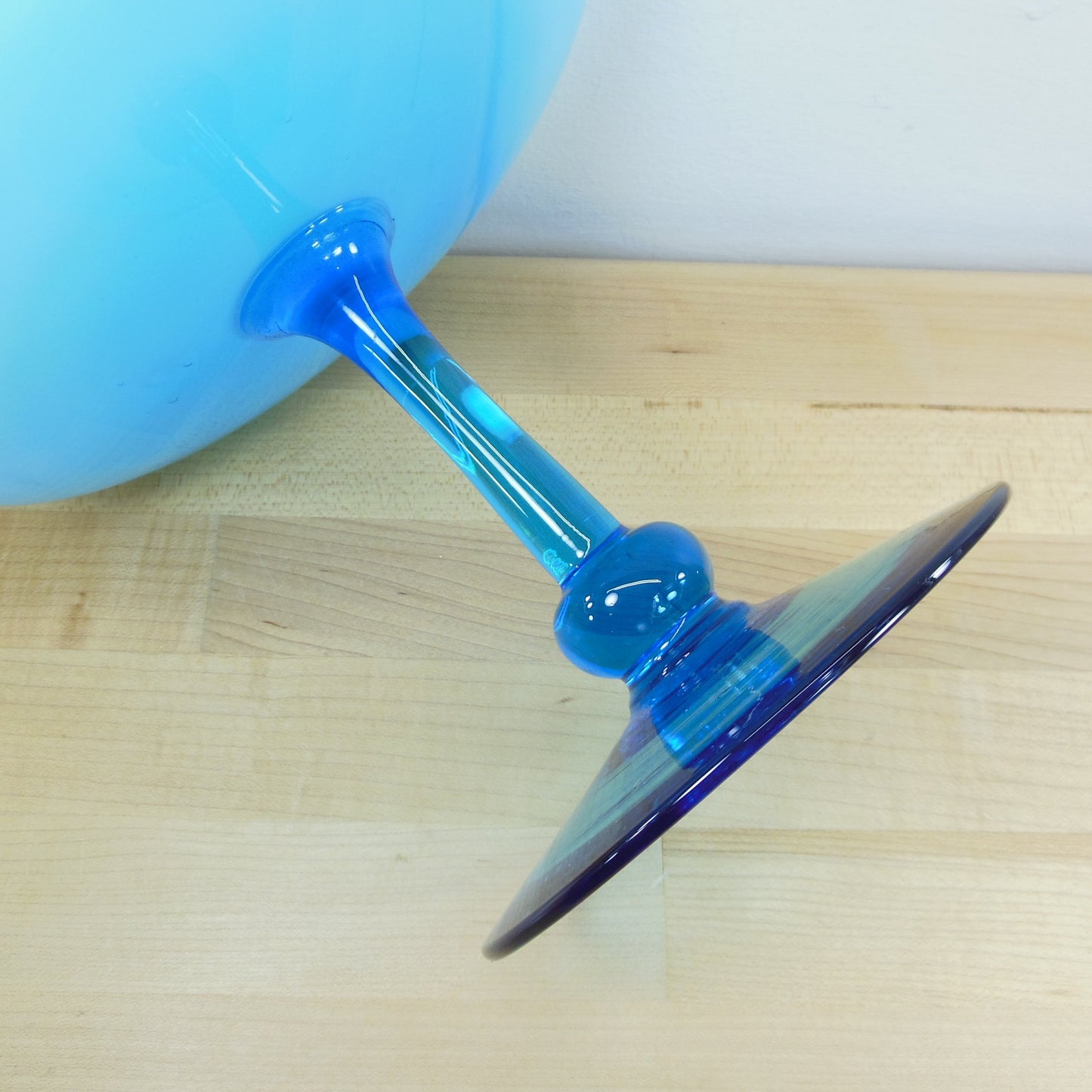Empoli Unsigned Cased Blue Glass Compote Pedestal Bowl Vintage MCM