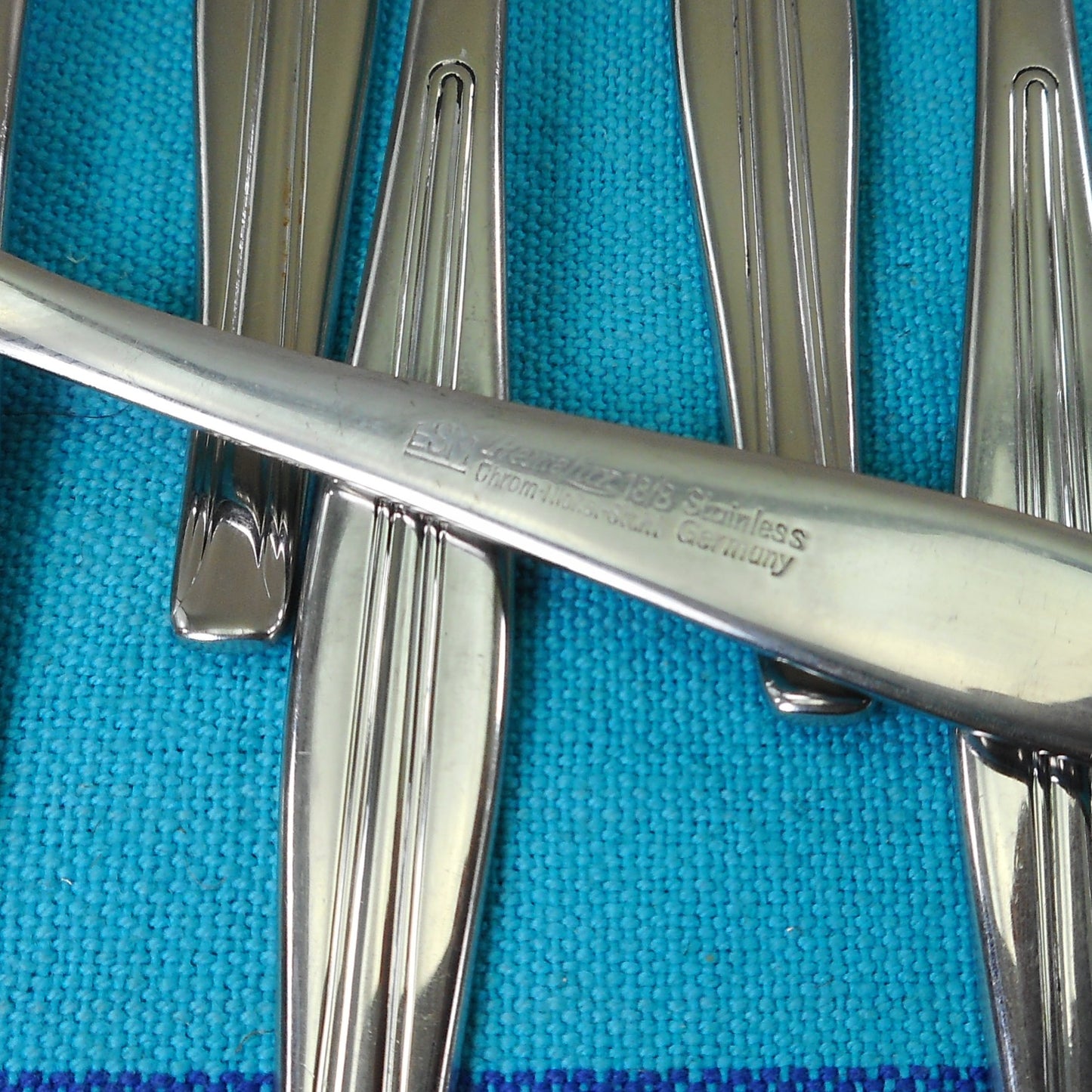 ESM Germany RemaLux Stainless Flatware - 11 Salad Forks Modern Groove Lines Handle Used