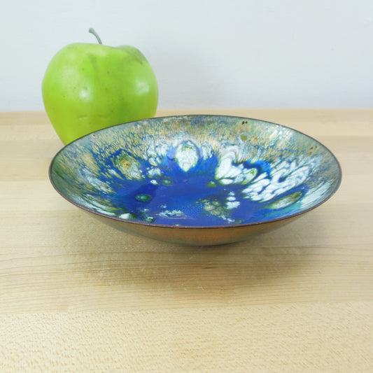 MCM Enamel Copper 6" Bowl Blue Green Abstract Drip