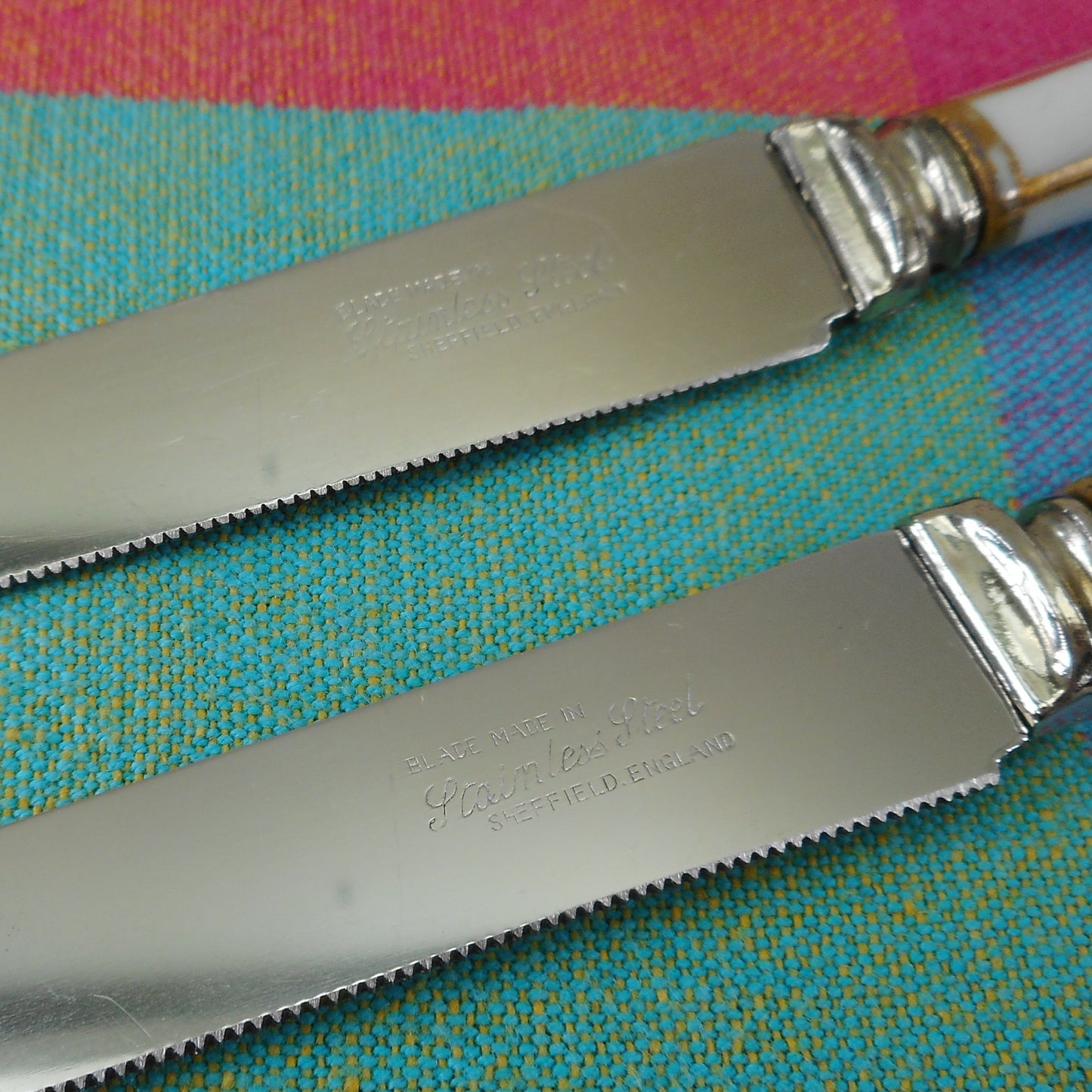 Sheffield England 3 Stainless Steel Cheese Knives Picks - White Porcelain Gold Stripes