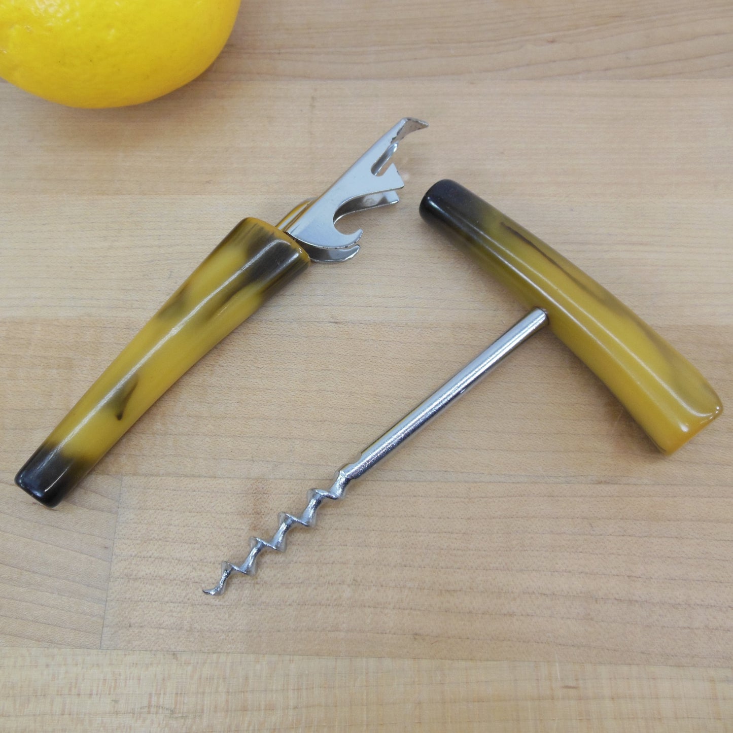 Travel Bar Cocktail Set Corkscrew Bottle Opener Chrome Yellow Black Bakelite