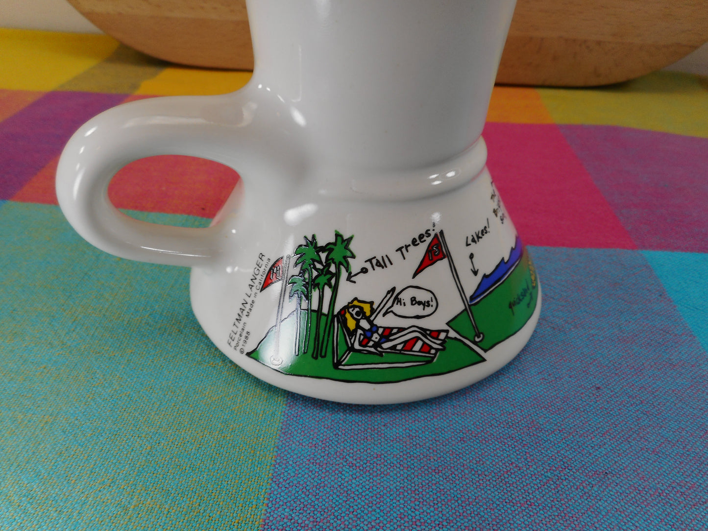 Feltman Langer California 1988 Porcelain Travel Mug Golf Screw Up Whimsy Humor Vintage