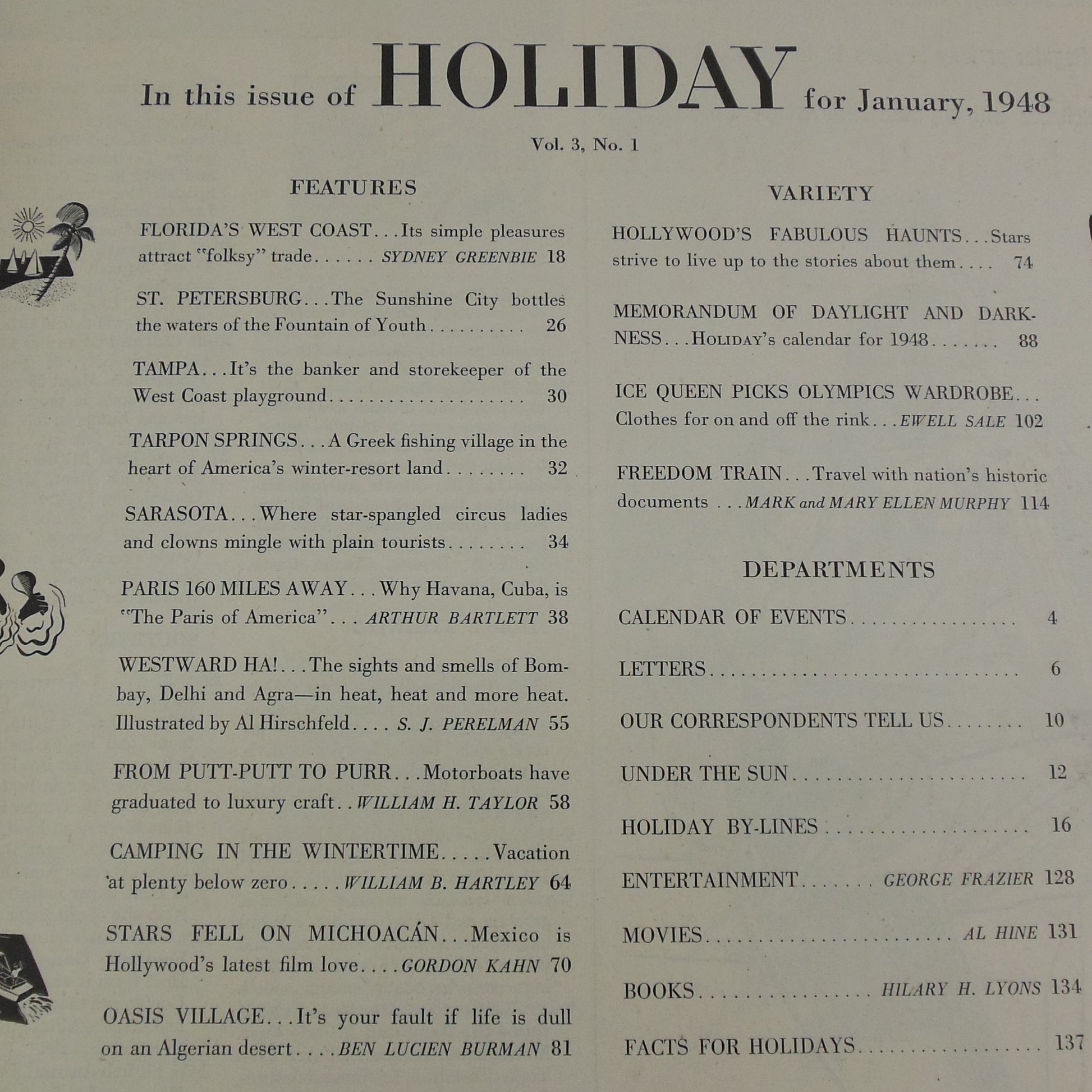 Holiday Magazine Jan. 1948 Florida West Coast Hollywood Haunts Contents