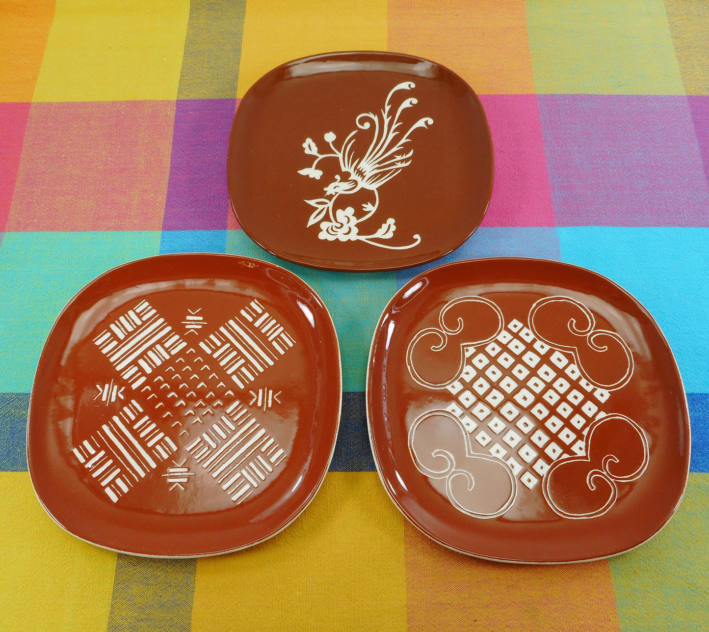 Arts Crafts Colony Signed G.C.S. 1950s Square Plates Brown White Pottery