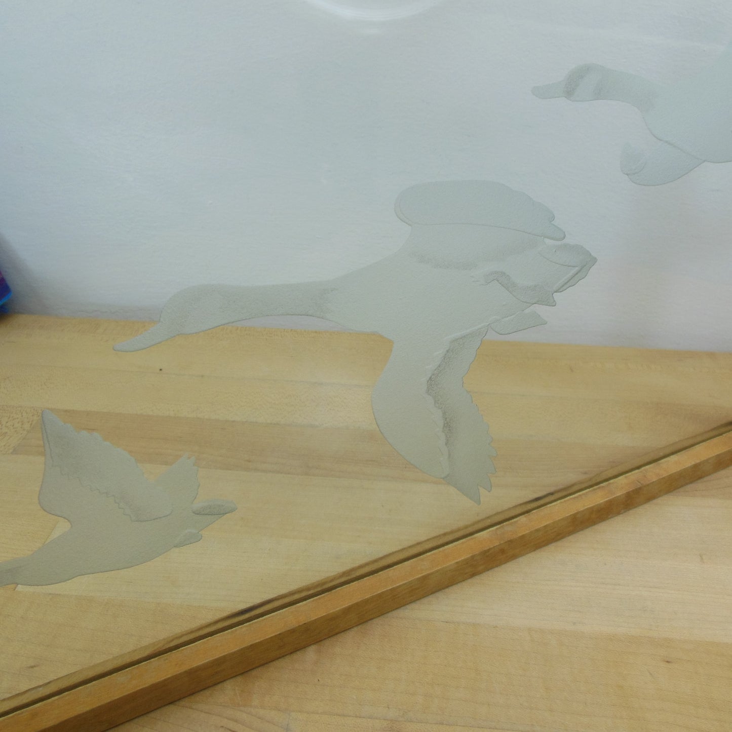 Etched Flying Geese Glass Serving Tray Wood Frame Lucite Handles Sand Blasted