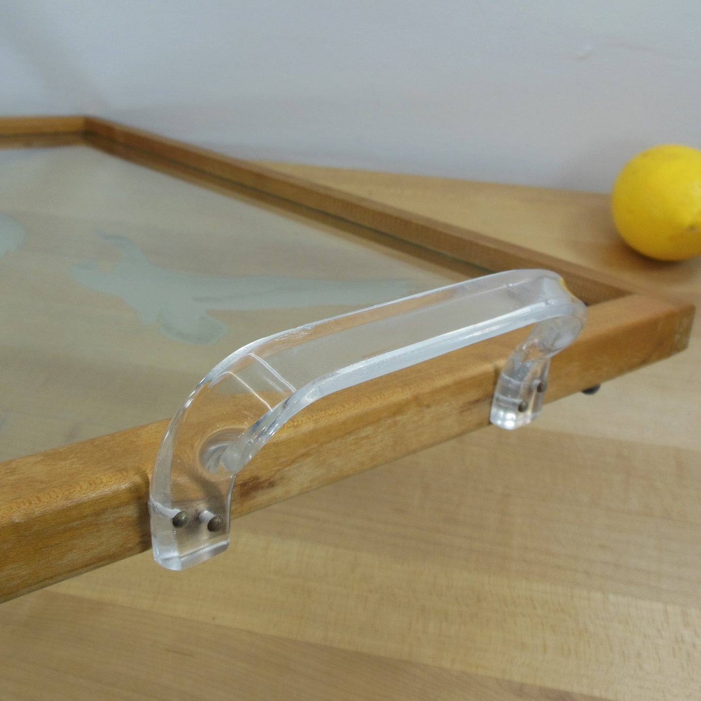Etched Flying Geese Glass Serving Tray Wood Frame Lucite Handles Acrylic