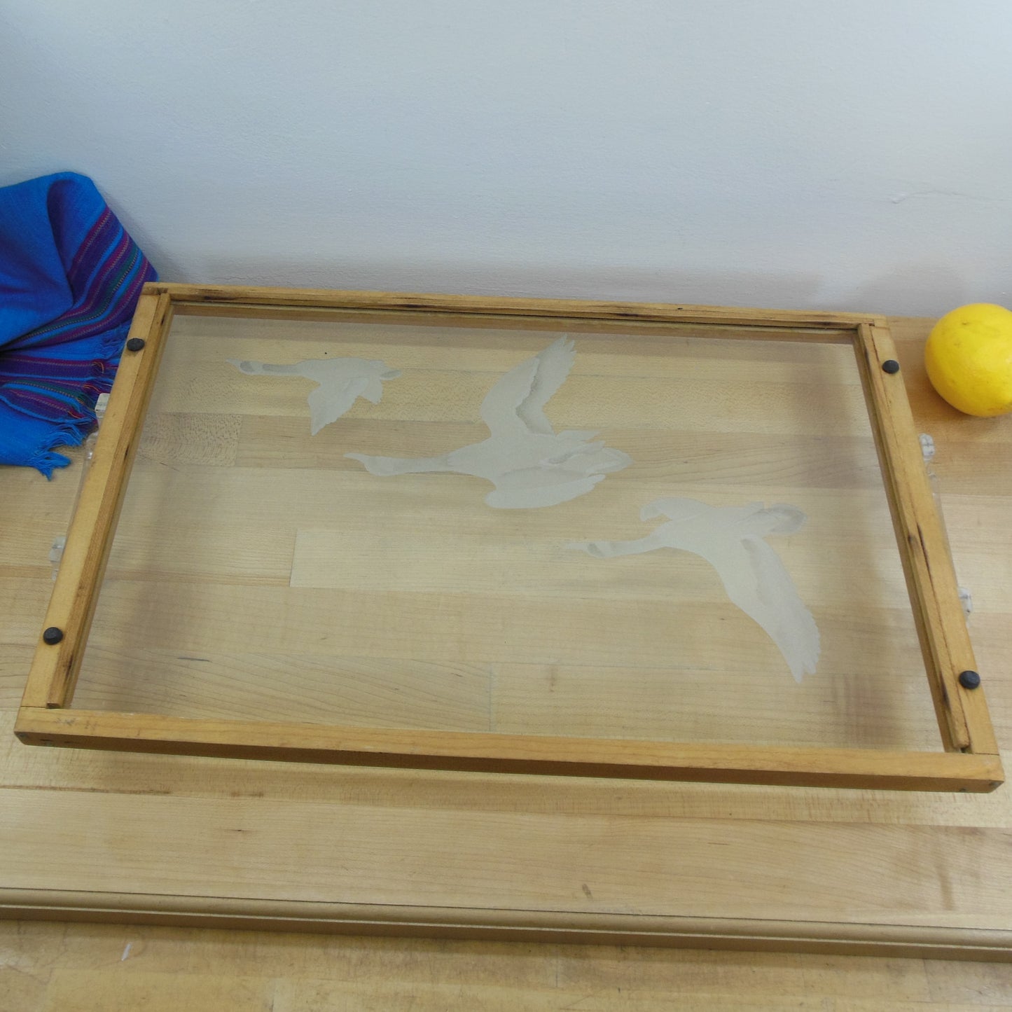 Etched Flying Geese Glass Serving Tray Wood Frame Lucite Handles Vintage