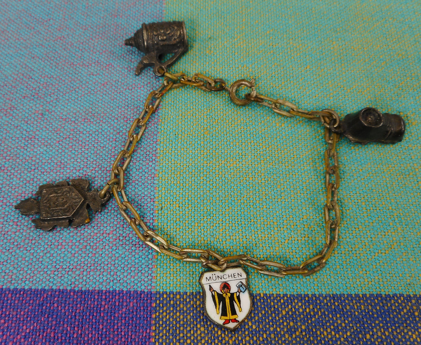 Old German 835 Silver Charm Bracelet Munchen Shield Clock Tankard Boot