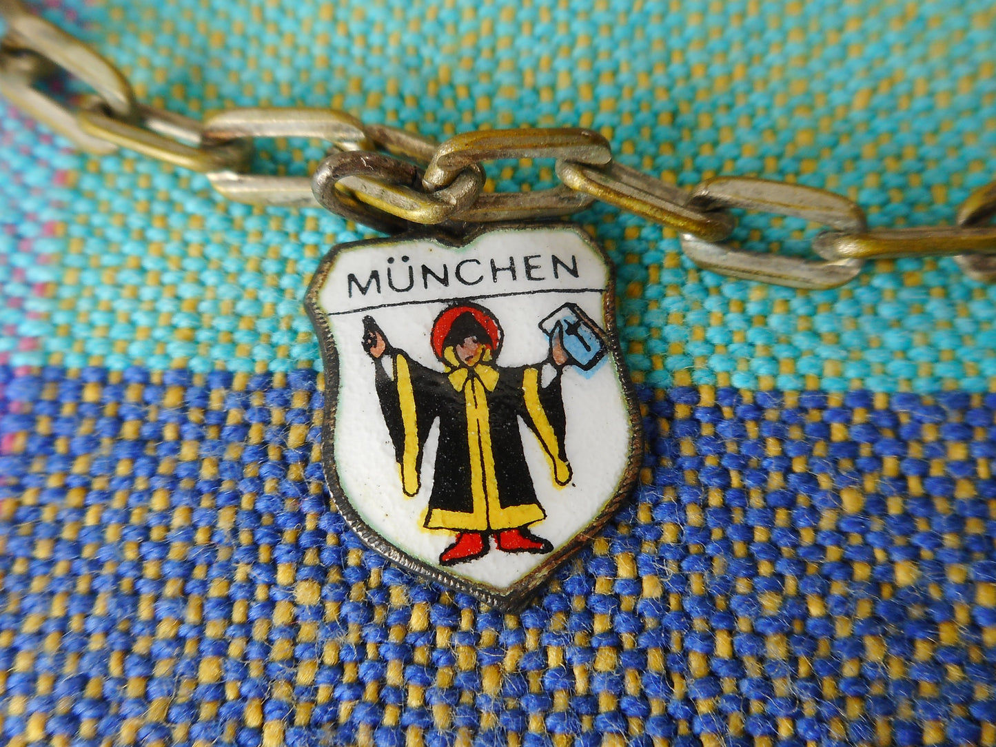 Old German 835 Silver Charm Bracelet Munchen Shield Clock Tankard Boot Vintage