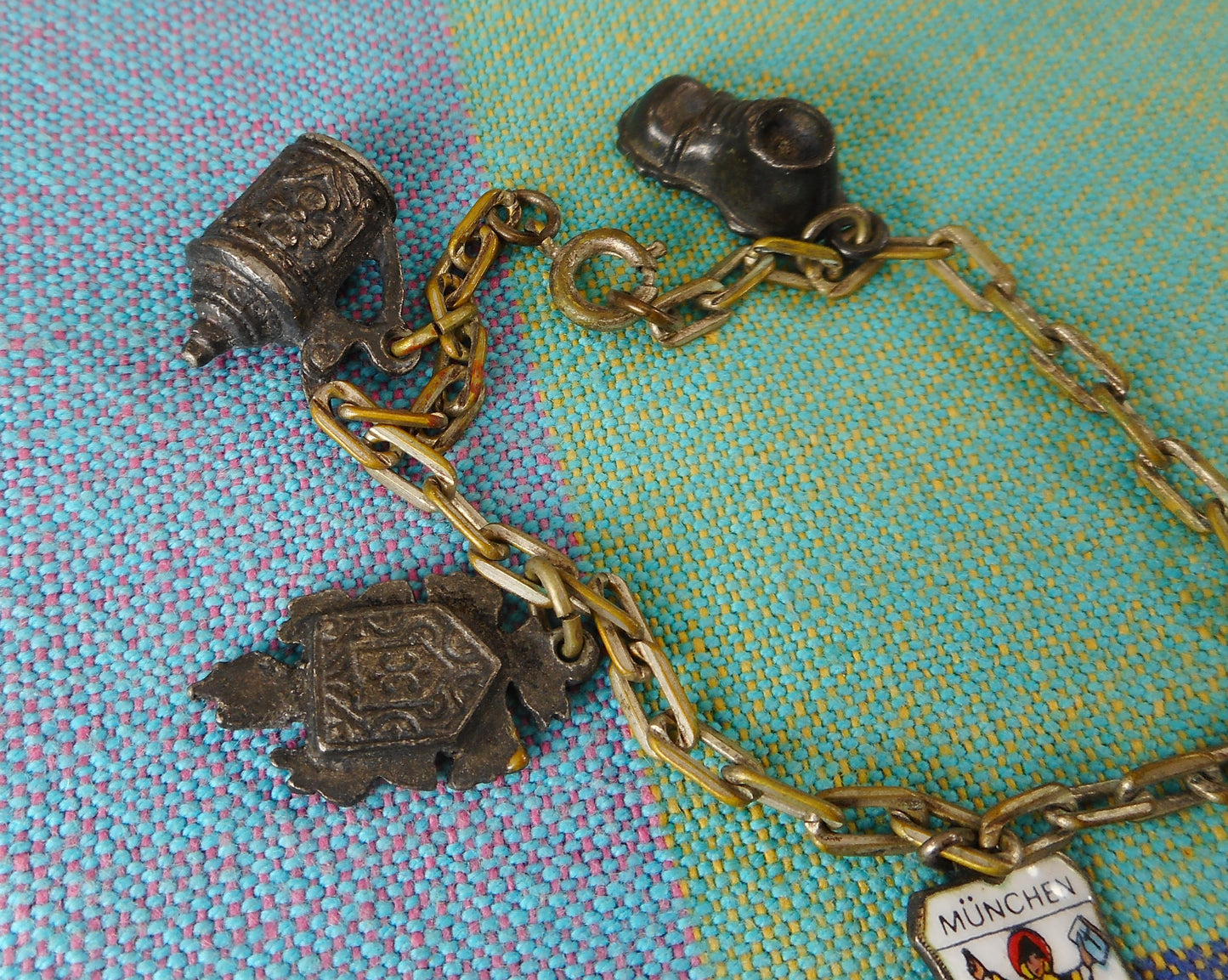 Old German 835 Silver Charm Bracelet Munchen Shield Clock Tankard Boot Germany