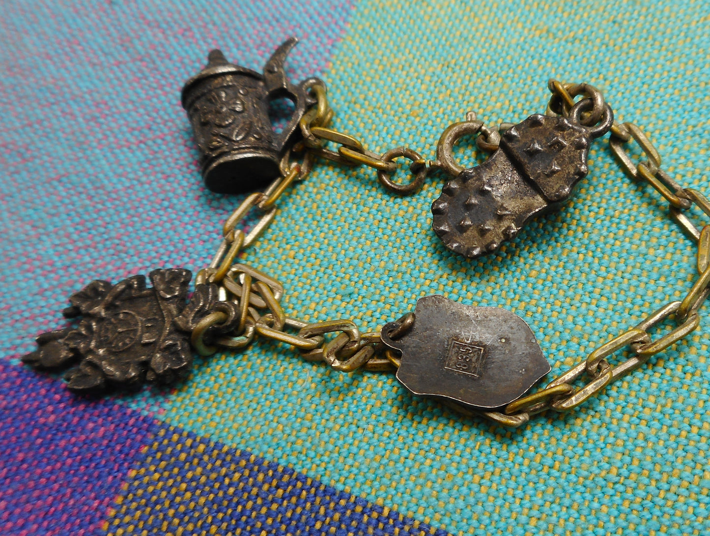 Old German 835 Silver Charm Bracelet Munchen Shield Clock Tankard Hiking Boot