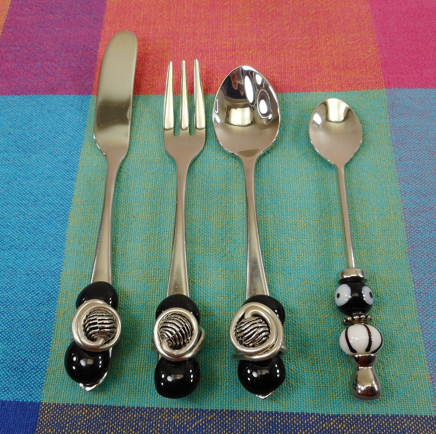 Ginkgo Helmick Child Toddler Flatware Trio Set - Mud Pie Baby Spoon - Stainless Black Bead