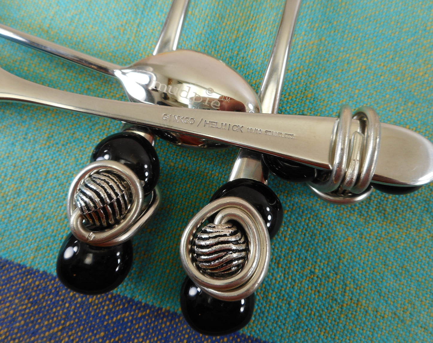 Ginkgo Helmick Child Toddler Flatware Trio Set - Mud Pie Baby Spoon - Stainless Black Bead Used