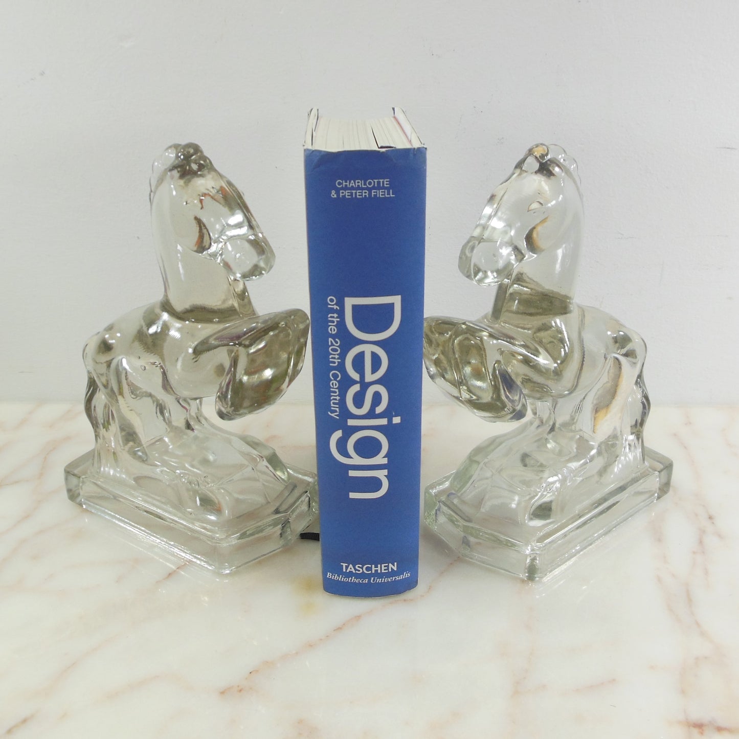 L.E. Smith Clear Glass Rearing Horse Bookends