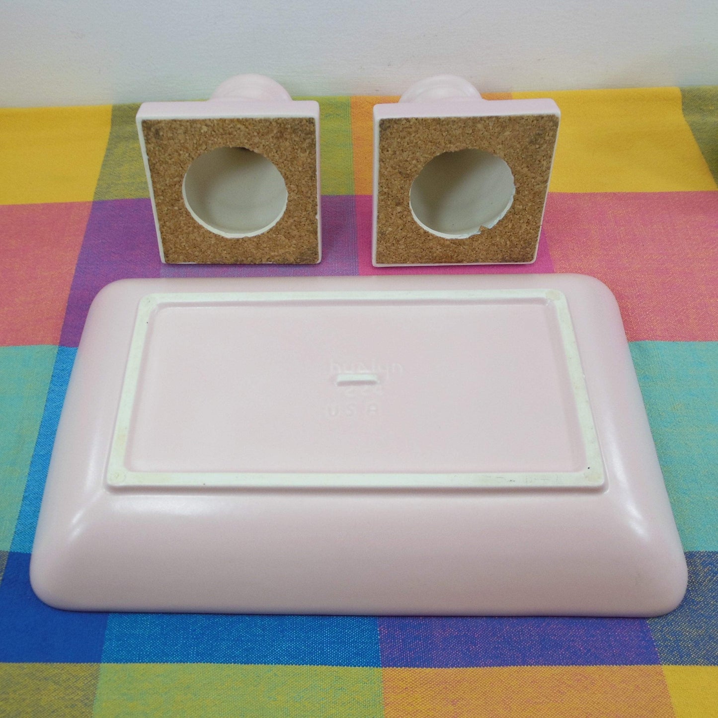 Hyalyn USA Art Pottery Pink Centerpiece Bowl Platter 224 & Candlesticks Cork