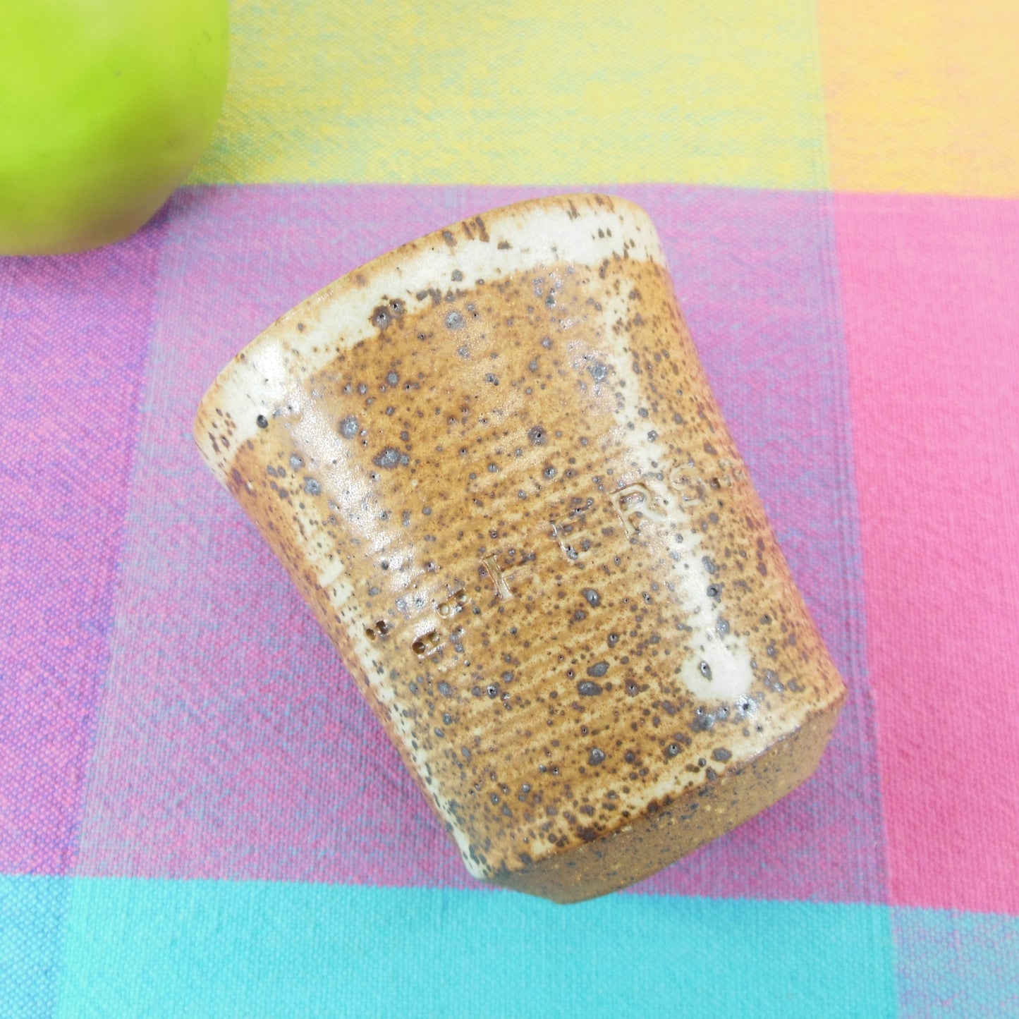 Celette Brown Stoneware Pottery Tea Cup - Letters HERS Vintage
