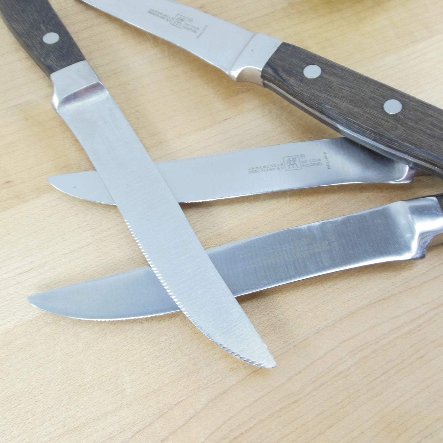 J.A. Henckels Holland 4 Set Stainless Steak Knives Wood Handles Vintage Used