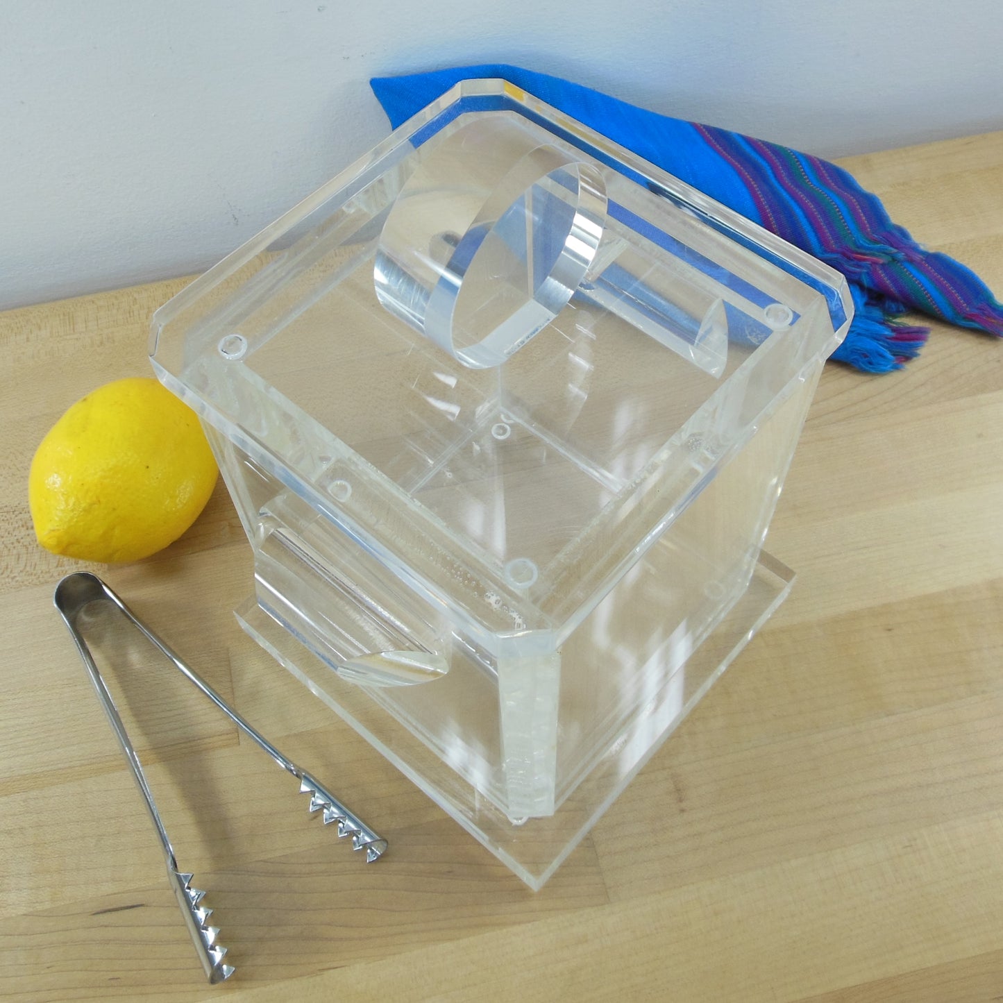 MCM Clear Lucite/Acrylic 3 Piece Ice Bucket with Alfra Stainless Tongs square