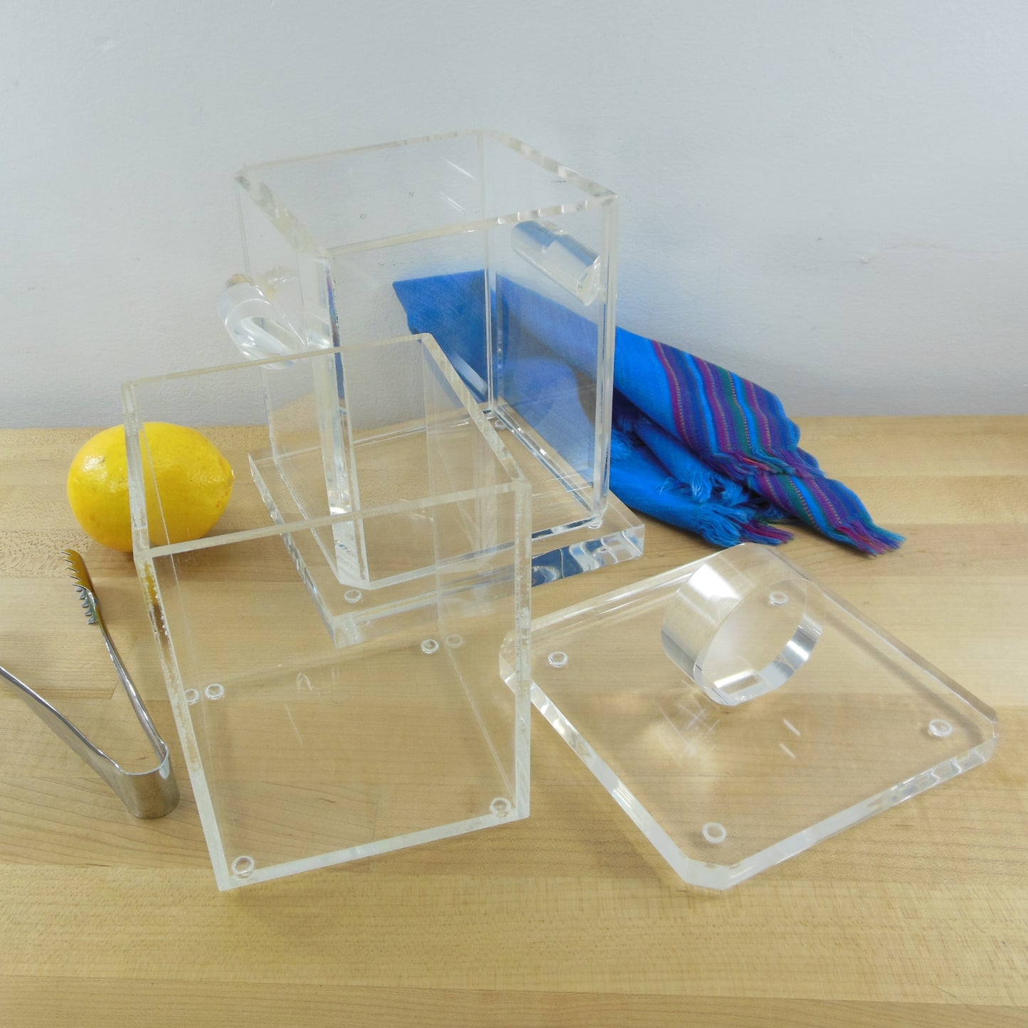 MCM Clear Lucite/Acrylic 3 Piece Ice Bucket with Alfra Stainless Tongs Vintage