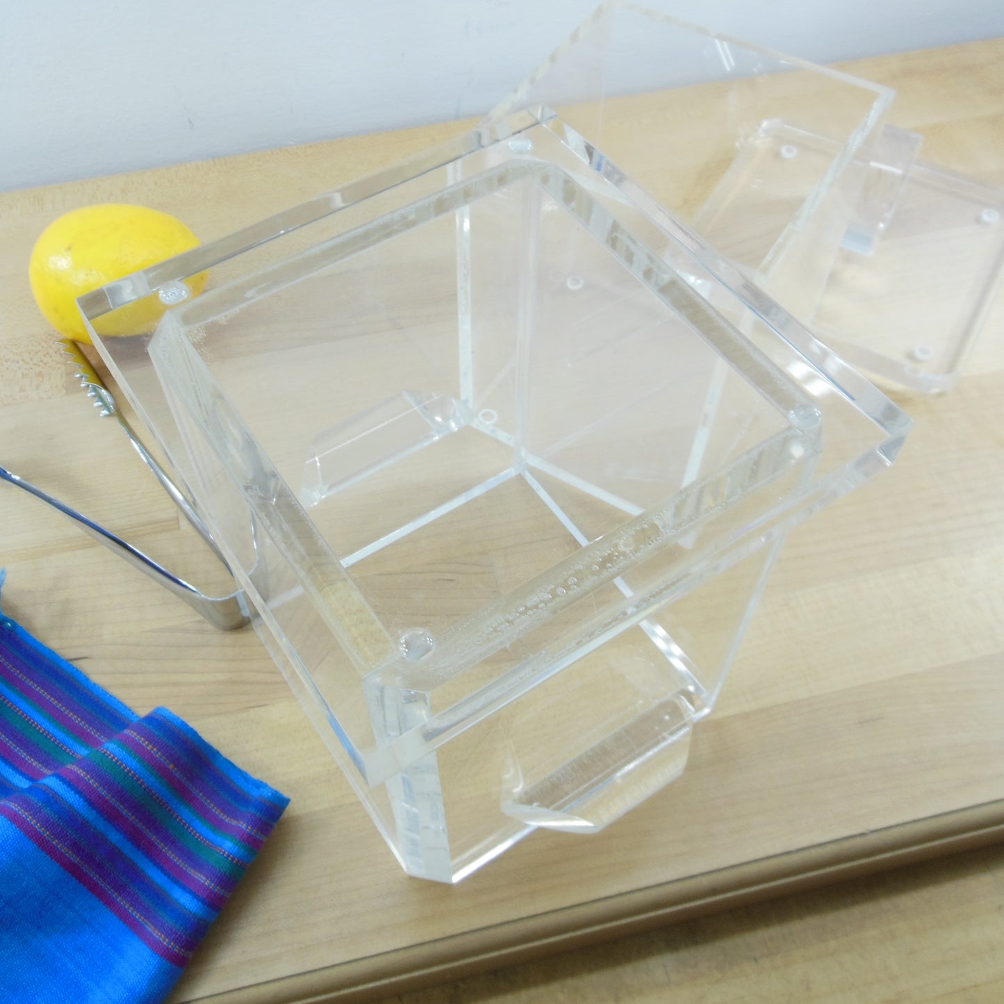 MCM Clear Lucite/Acrylic 3 Piece Ice Bucket with Alfra Stainless Tongs used