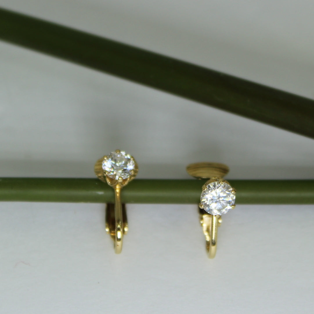 Rhinestone 14K HGE Clip Earrings Fiery Clear Stones Hinged Clip sparkly bright comfortable earrings
