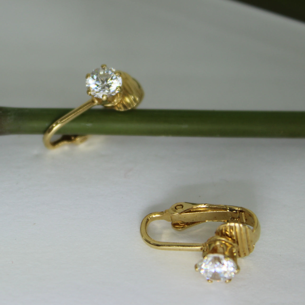 Rhinestone 14K HGE Clip Earrings Fiery Clear Stones Hinged Clip