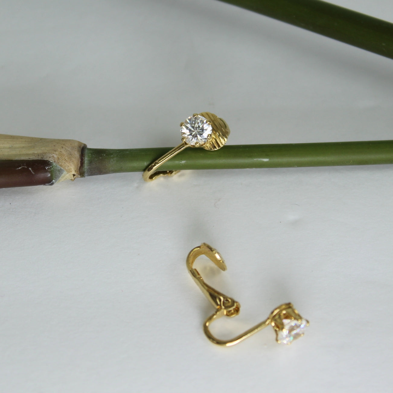Rhinestone 14K HGE Clip Earrings Fiery Clear Stones Hinged Clip comfortable clips