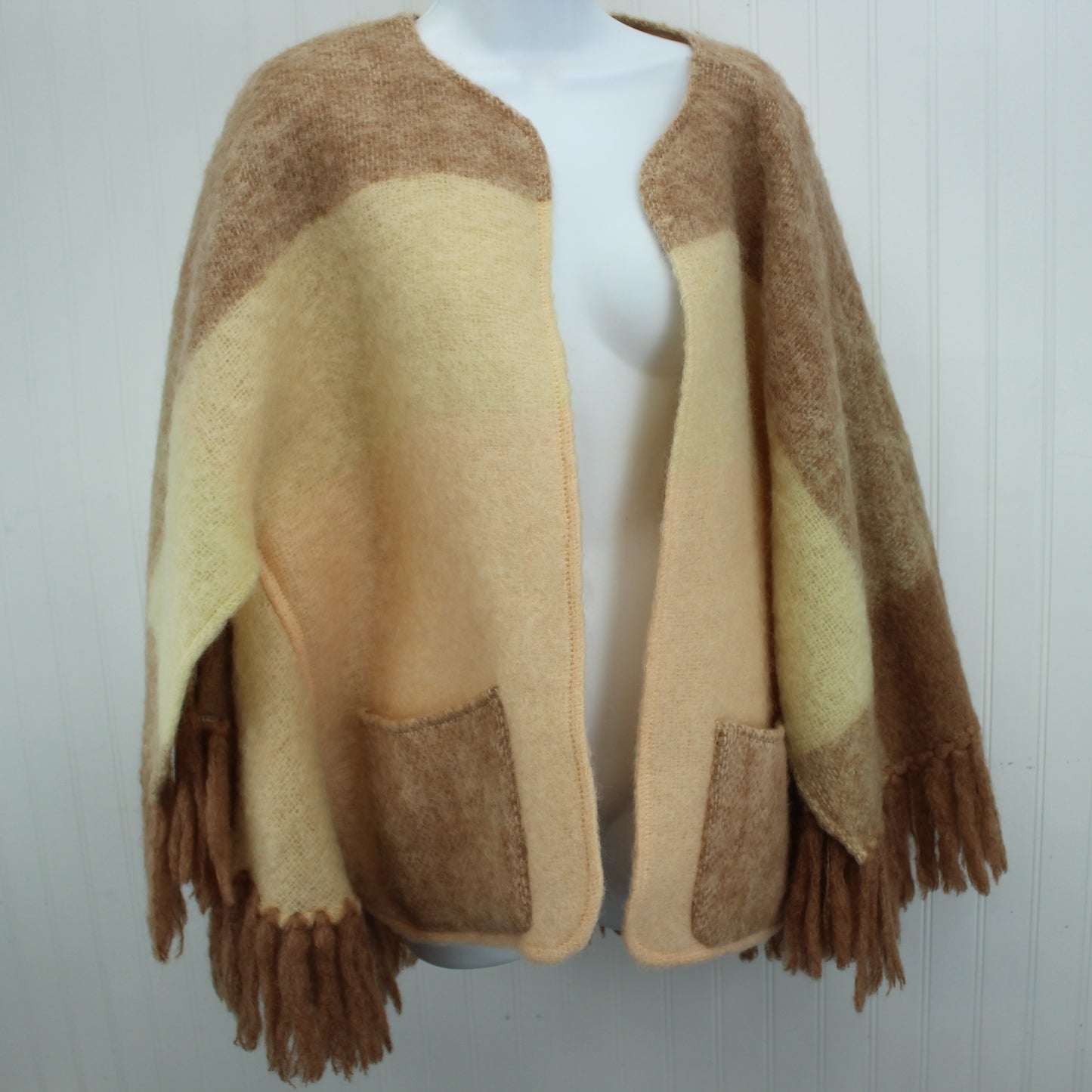 Luscious Donegal Design Wrap Jacket Handwoven Ireland Lambswool Peach Cream Beige full view of cape wrap ruana