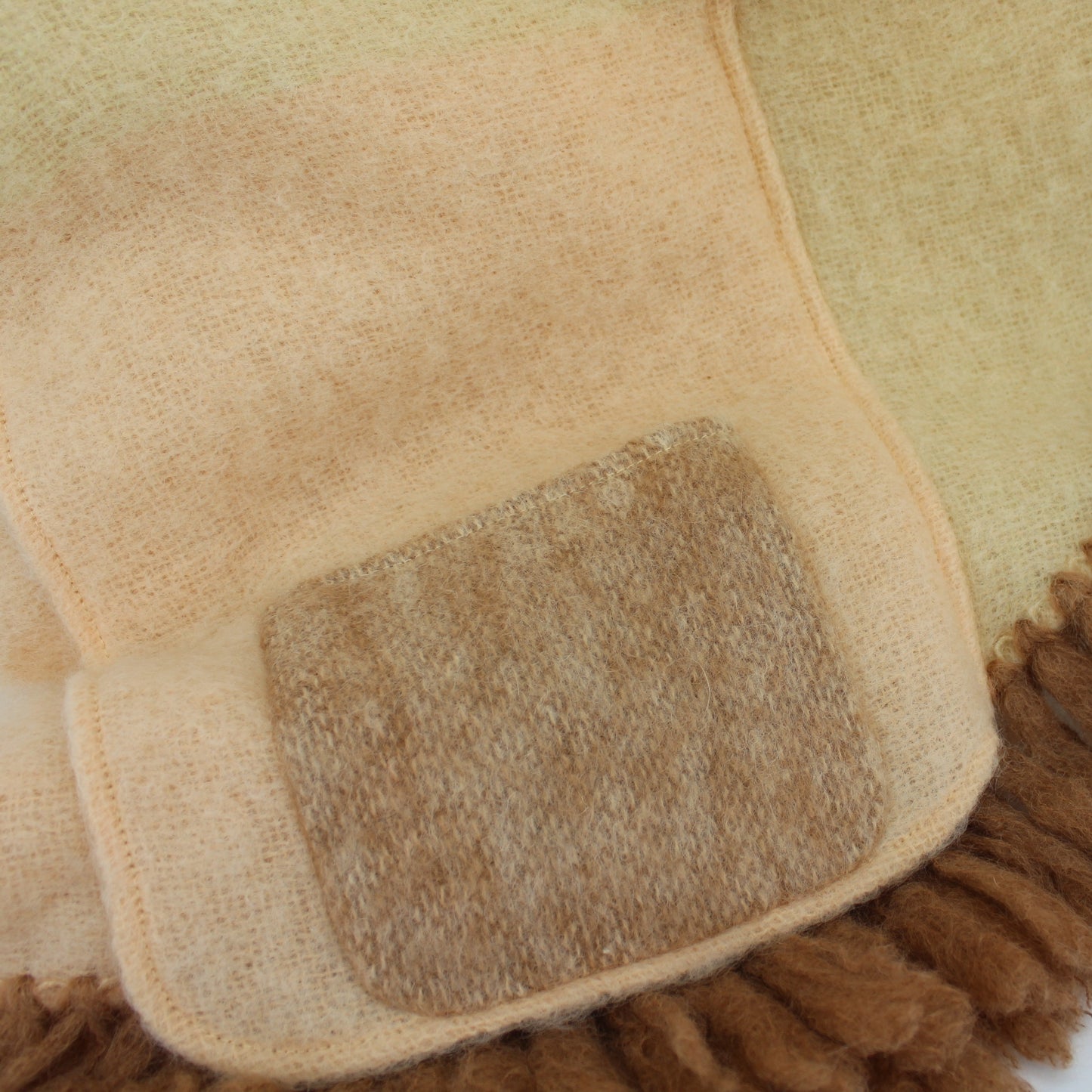 Luscious Donegal Design Wrap Jacket Handwoven Ireland Lambswool Peach Cream Beige closeup of mohair wool fiber