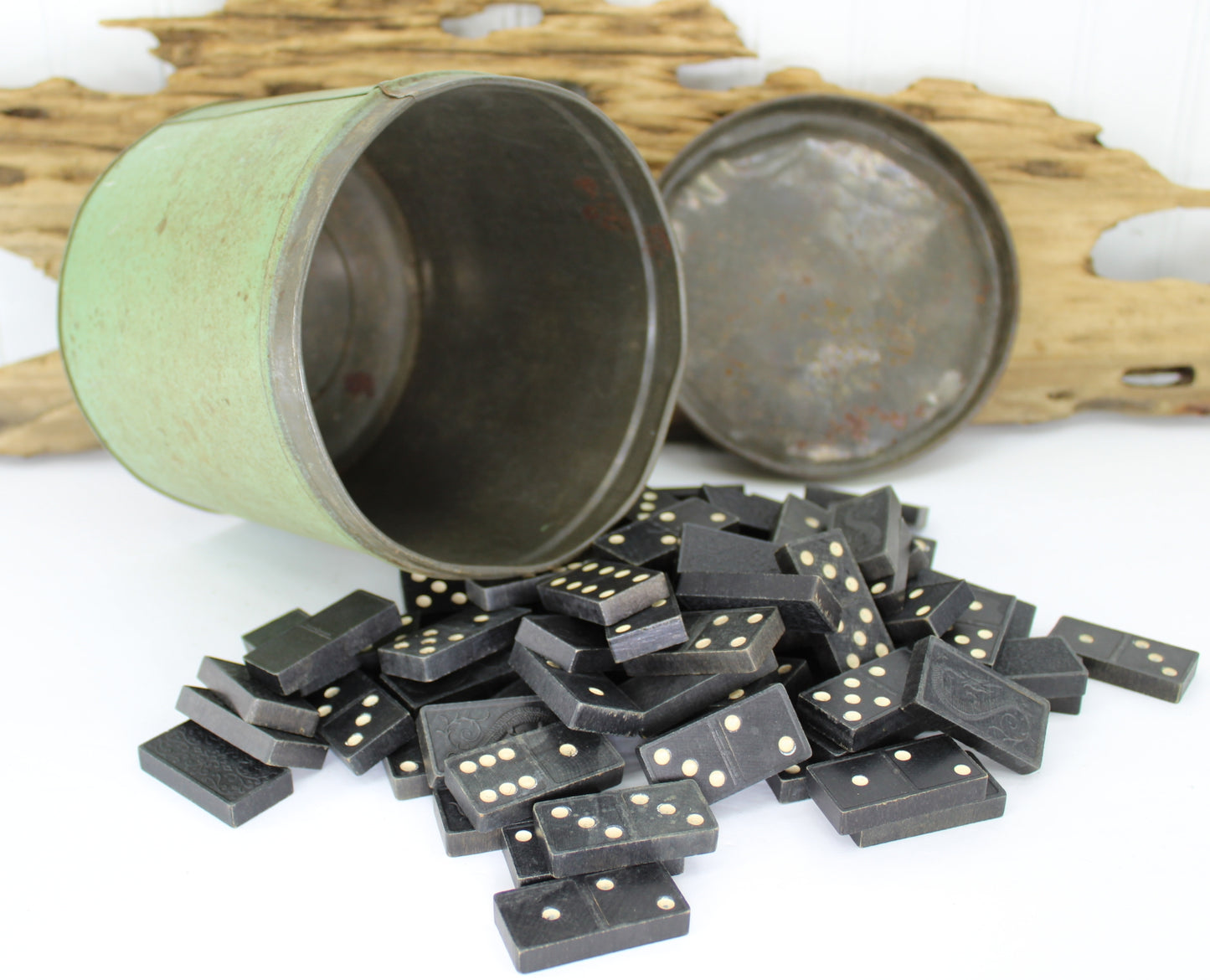 Wonderful Old Antique Tin Can with 80 Dominoes Estate Item old lovely tin metal