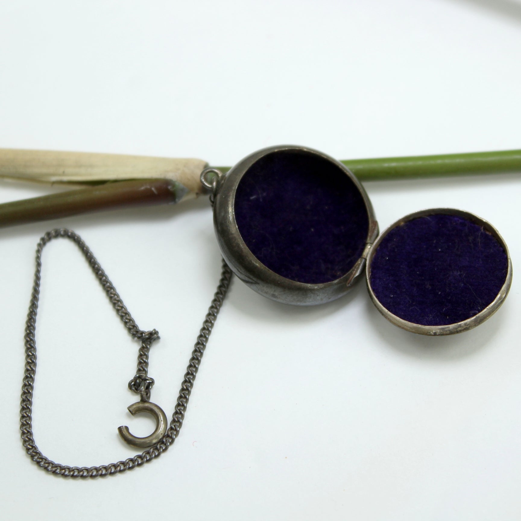 Antique Victorian Chatelaine Silver Pill Box inside photo of box with velvet like interior