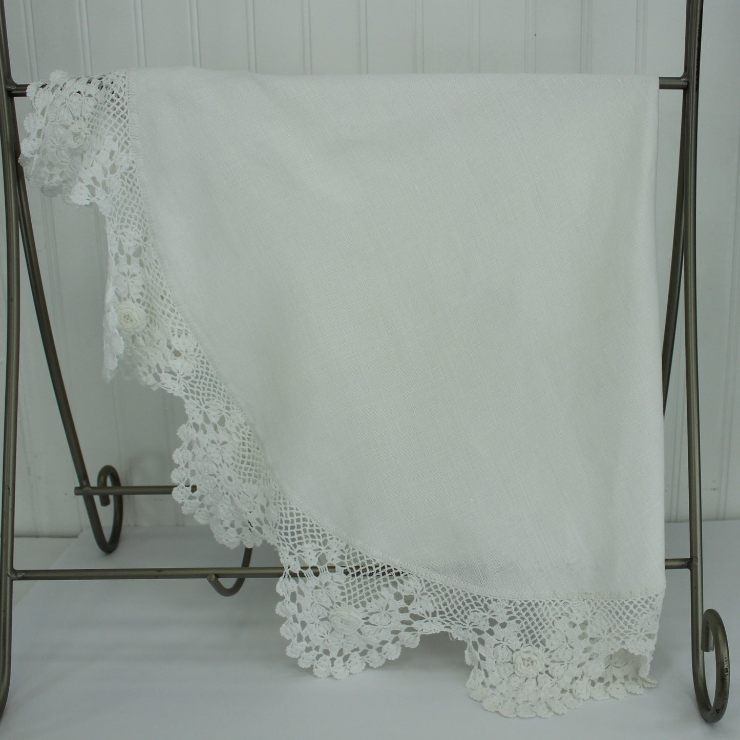Older Small Heavy Linen Round Table Cloth Wide Dimensional Crochet Edging view 1/4 of cloth