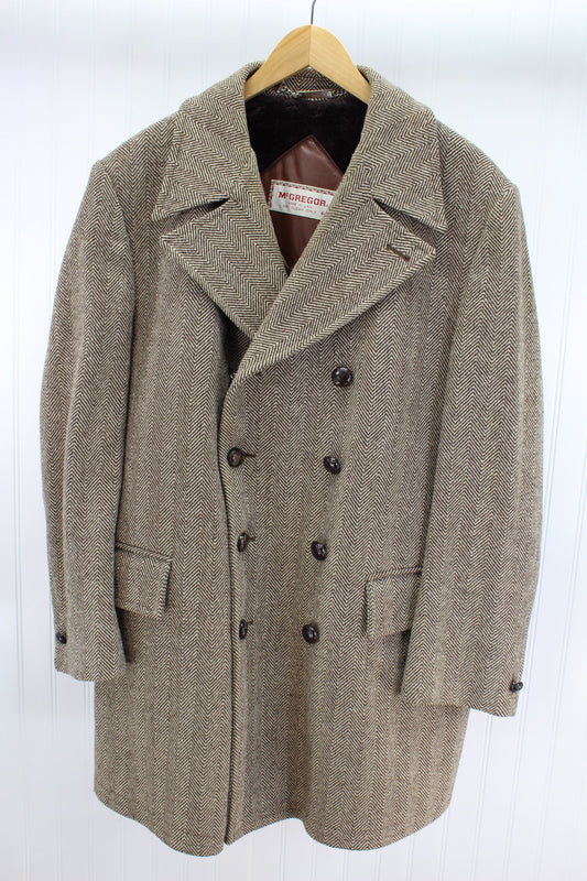 McGregor Vintage Car Coat Brown Herringbone Wool 1970s Faux Fur Lined