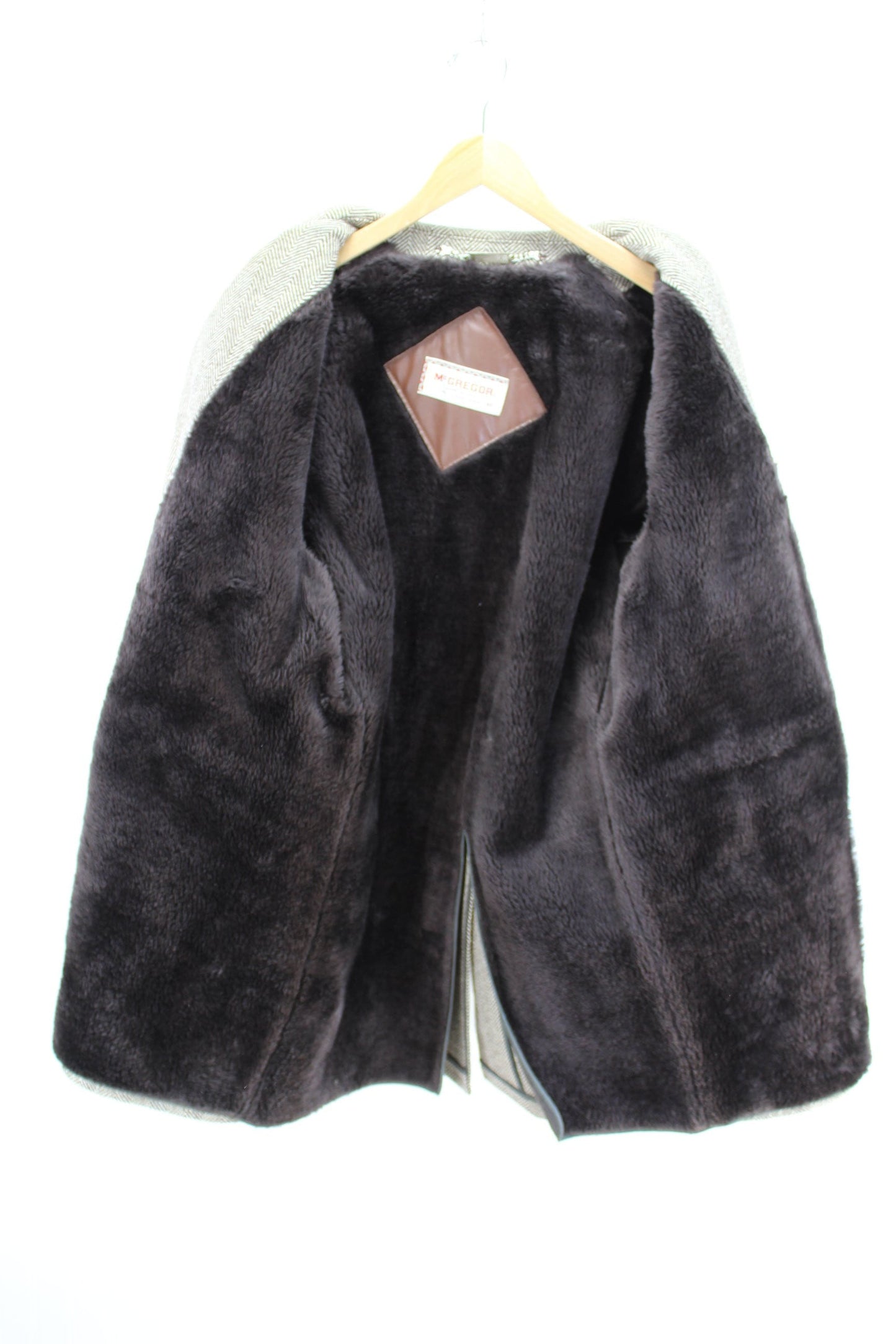 McGregor Vintage Car Coat Brown Herringbone Wool 1970s Faux Fur Lined double breasted