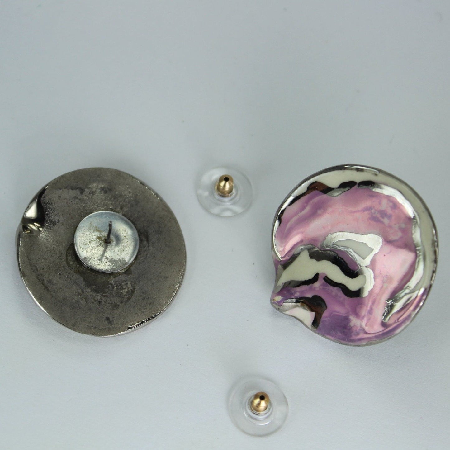 Vintage Post Earrings Large Ceramic Free Form Lavender Purple White Silver fashion