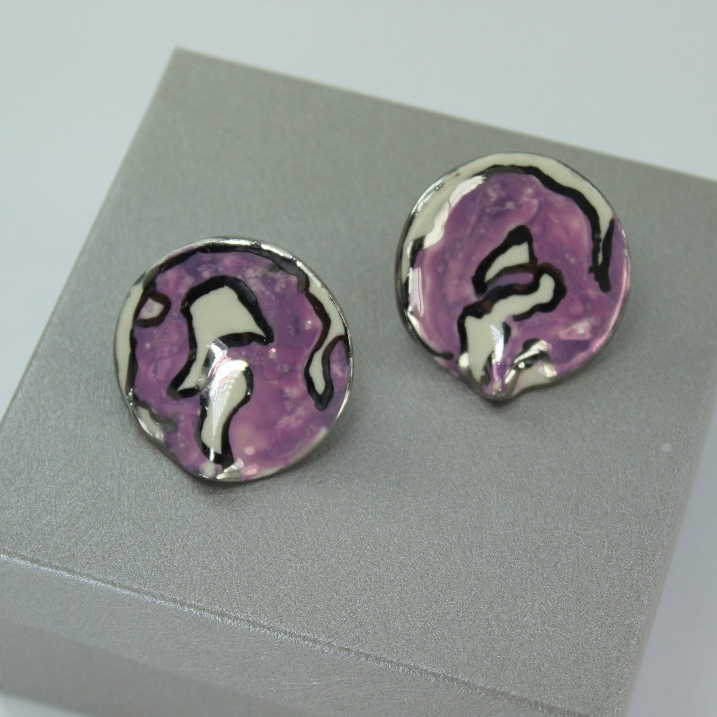 Vintage Post Earrings Large Ceramic Free Form Lavender Purple White Silver artisan