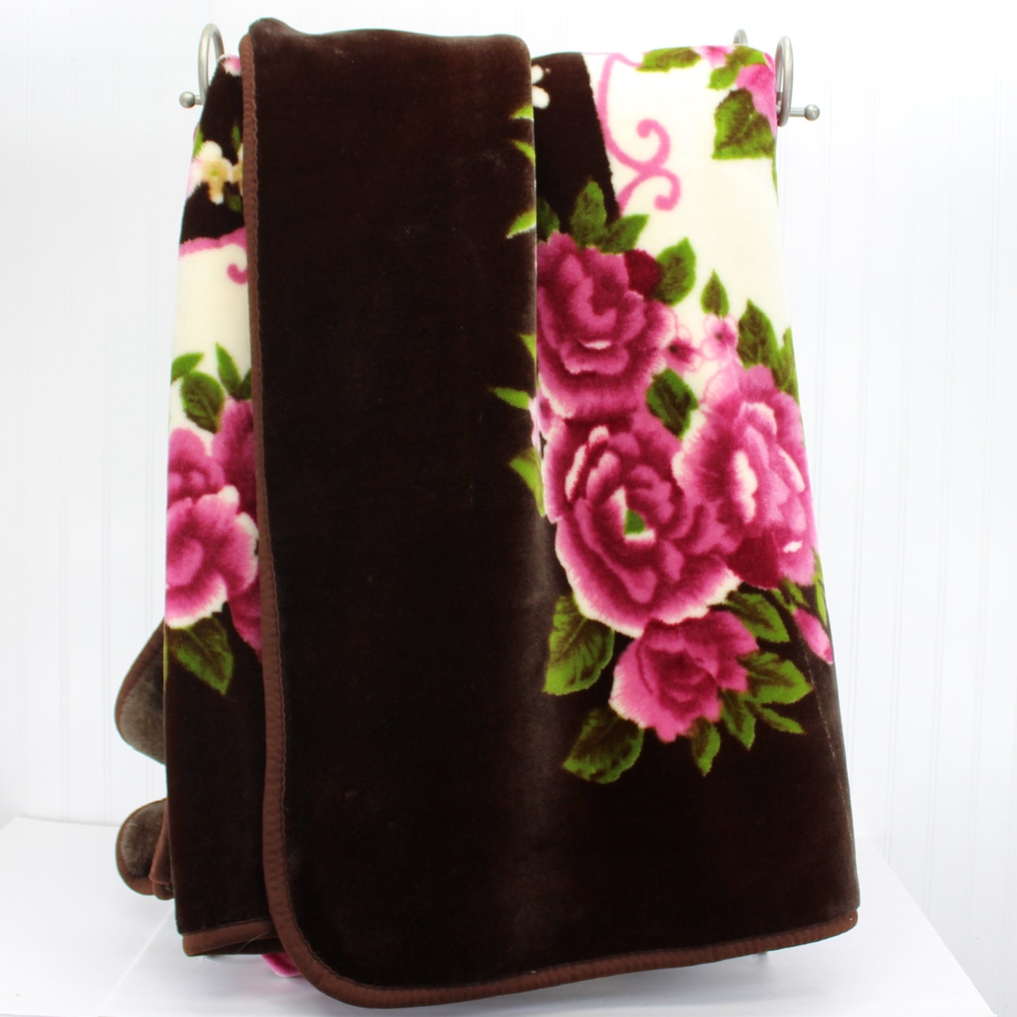 Plush Mink Large Blanket Reversible Brown Cream Rose Medallion Center 90" X 78" Heavy