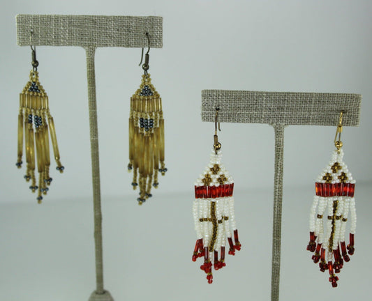 Vintage Native Style Earrings 2 Pairs Glass Seed Bead 3" Length