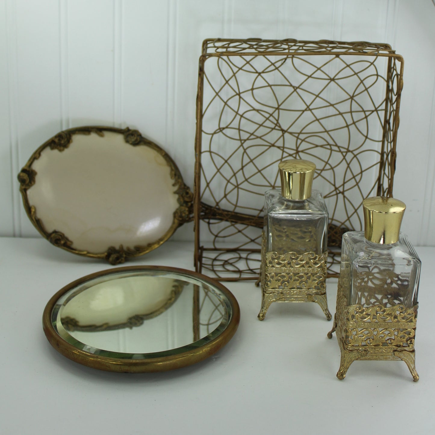 Collection Vintage Vanity Roses Hand Mirror Display Footed Mirror Filigree Bottles Wire Basket Perfume & Vanity