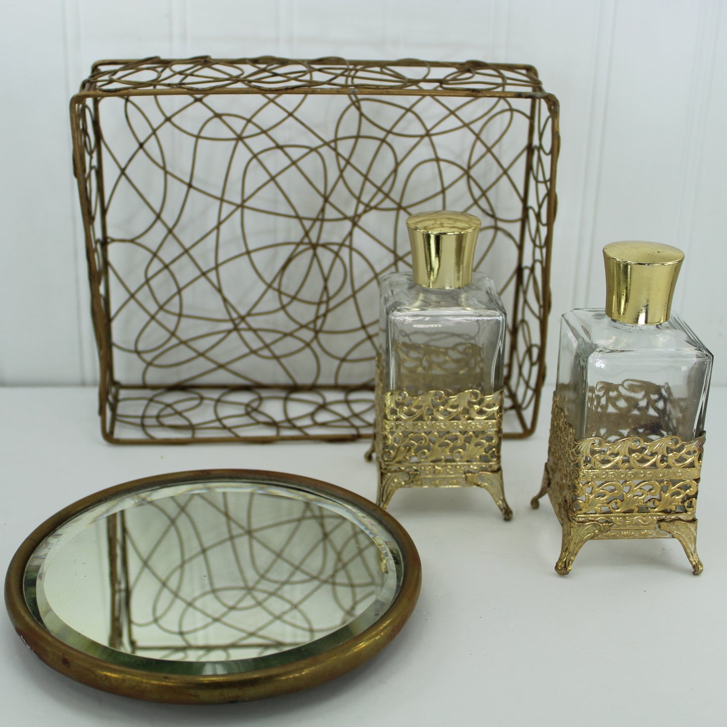 Collection Vintage Vanity Roses Hand Mirror Display Footed Mirror Filigree Bottles Wire Basket rococo