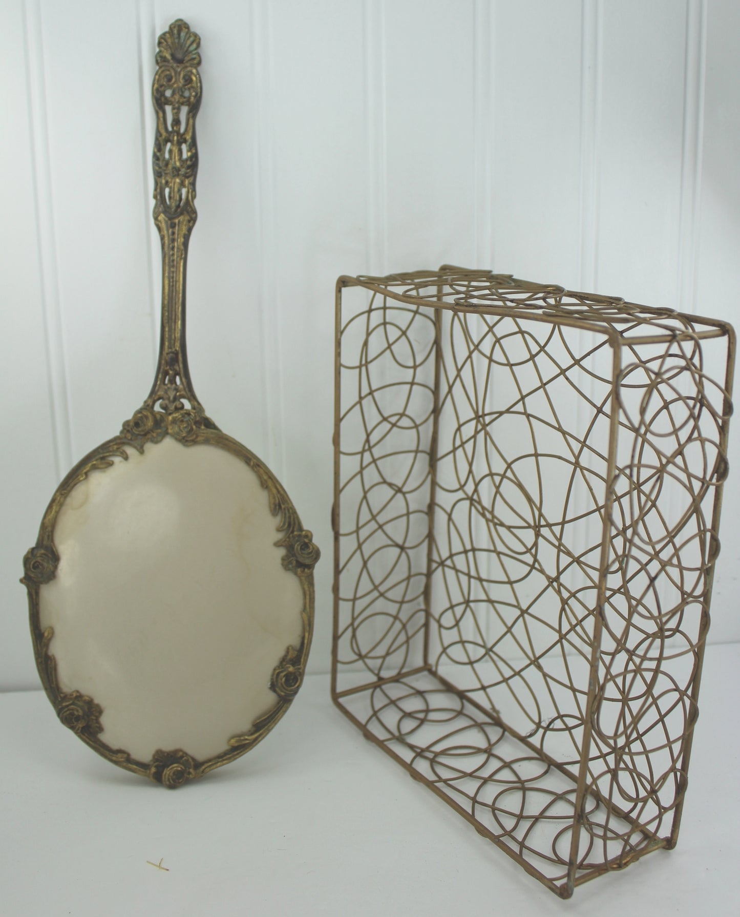 Collection Vintage Vanity Roses Hand Mirror Display Footed Mirror Filigree Bottles Wire Basket cologne bottles