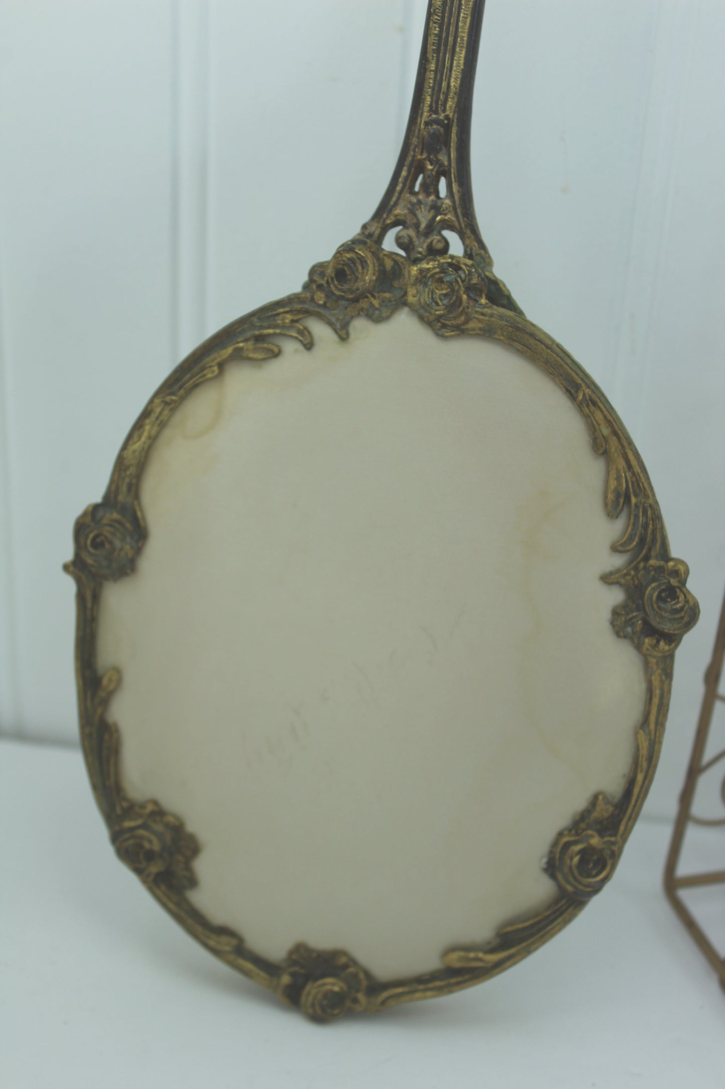 Collection Vintage Vanity Roses Hand Mirror Display Footed Mirror Filigree Bottles Wire Basket 1950s vintage