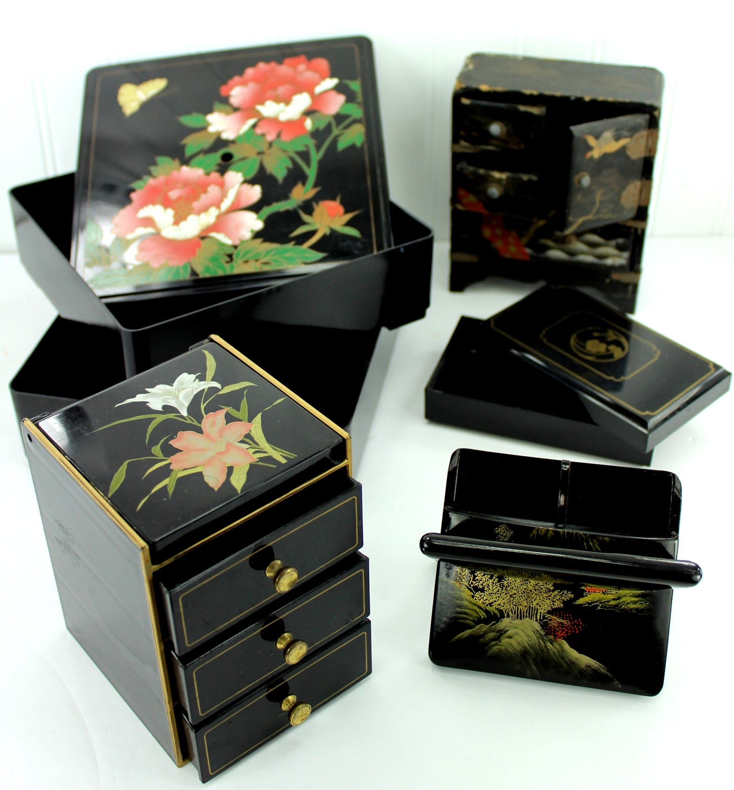 Collection Lot 5 Boxes Card Holder Chests Black Lacquer Antique Vintage