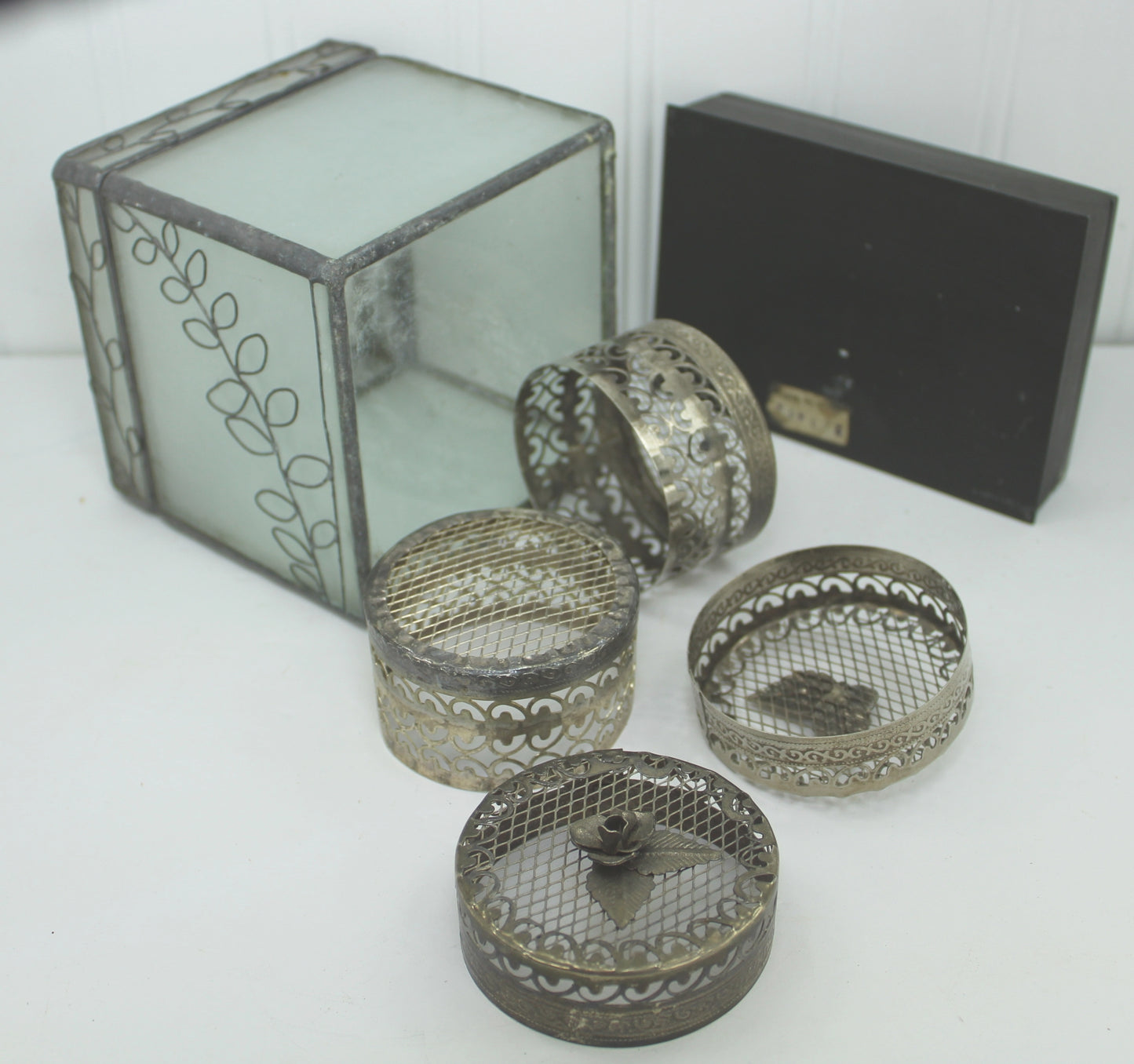 Collection Lot 4 Boxes Frosted Glass Etched Black Silver & Filigree flower vase