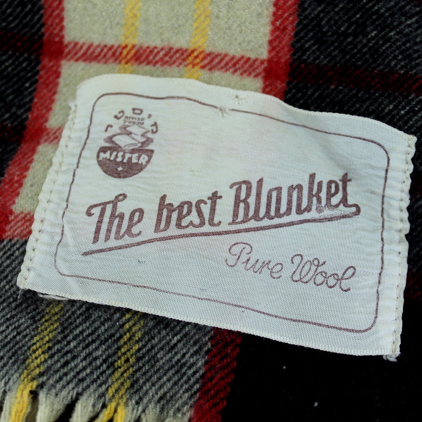 "Mister" Fringed Estate Throw Blanket Plaid Cream Red Back Yellow Fine Wool ribbon label