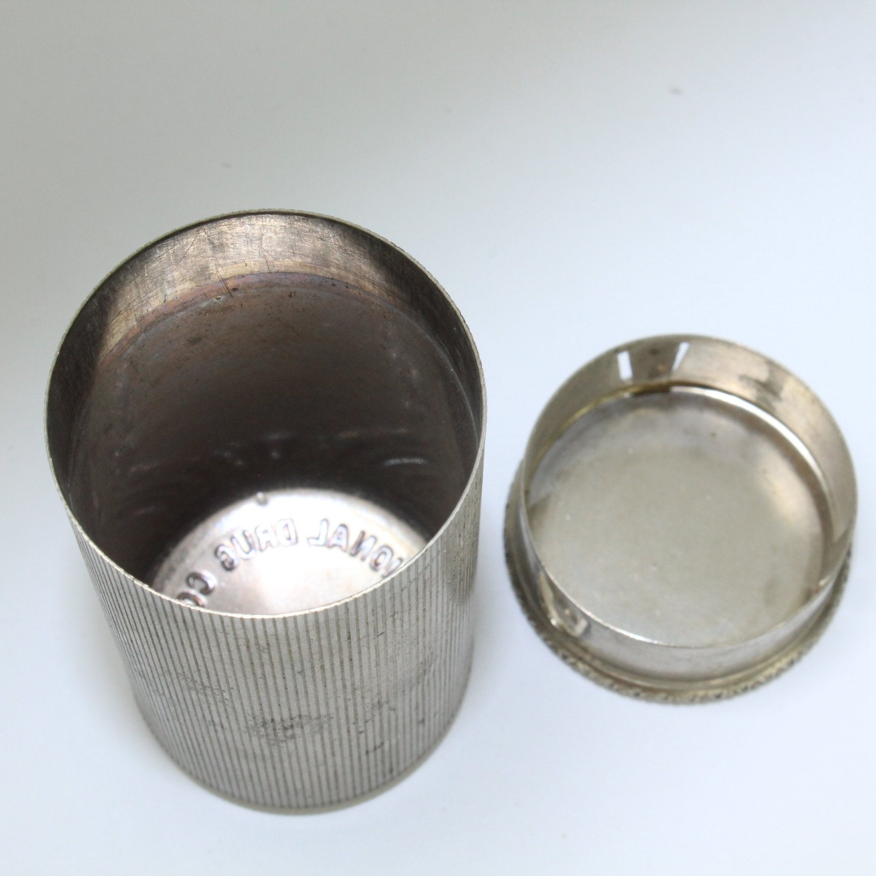 Vanity Bath Collectibles National Drug Metal Container Clothes Brush Natural Metal Screw Top inside of container natl drug